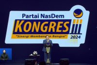 Pidato Ketua Umum Partai Gerindra sekaligus Presiden terpilih, Prabowo Subianto di Kongres III Partai NasDem di Jakarta. (Foto: Istimewa)