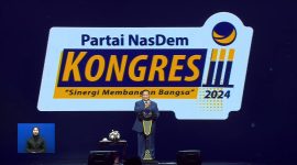 Pidato Ketua Umum Partai Gerindra sekaligus Presiden terpilih, Prabowo Subianto di Kongres III Partai NasDem di Jakarta. (Foto: Istimewa)