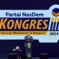 Pidato Ketua Umum Partai Gerindra sekaligus Presiden terpilih, Prabowo Subianto di Kongres III Partai NasDem di Jakarta. (Foto: Istimewa)