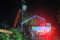 Tim teknis PLN NTB tengah memperbaiki jaringan listrik yang terdampak cuaca ekstrem di Lombok, di tengah kondisi hujan dan angin kencang. (Foto: Dok. PLN)