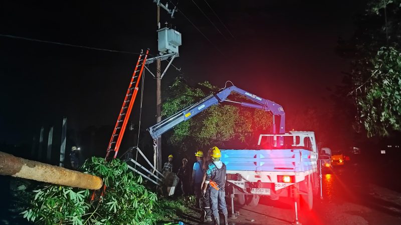 Tim teknis PLN NTB tengah memperbaiki jaringan listrik yang terdampak cuaca ekstrem di Lombok, di tengah kondisi hujan dan angin kencang. (Foto: Dok. PLN)