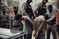 ilustrasi yang menggambarkan momen polisi di Mataram menangkap empat debt collector. Gambar ini menampilkan ketegasan aparat dalam menegakkan hukum dan melindungi masyarakat. (Foto: Istimewa)