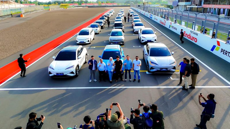 Deretan mobil listrik ramaikan Mandalika EV Experience Chapter 3, simbol sinergi PLN, Mandiri, dan InJourney dorong ekosistem kendaraan ramah lingkungan di NTB. (Foto: Dok. PLN)