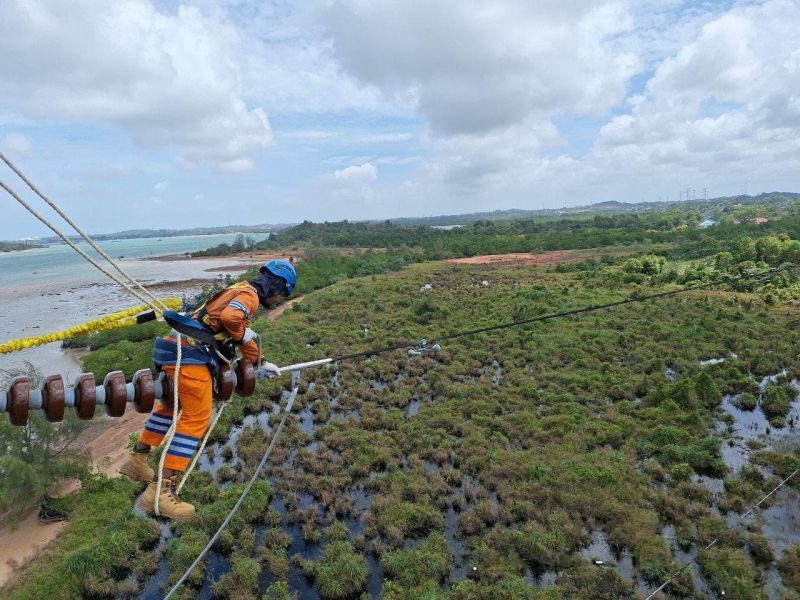 Teknisi PLN melakukan perawatan jaringan tegangan tinggi di wilayah pesisir, wujud komitmen menghadirkan listrik andal hingga ke pelosok negeri. (Dok. PLN)