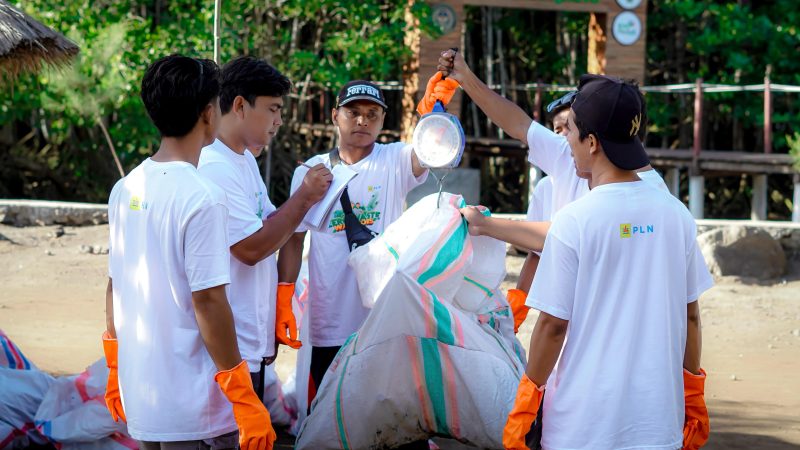 Relawan PLN dan warga Pokdarwis Bale Mangrove Jerowaru memungut sampah dan menanam bibit mangrove di pesisir Poton Bakau, Lombok Timur, dalam rangka HUT ke-23 PLN UIW NTB. (Dok. PLN)