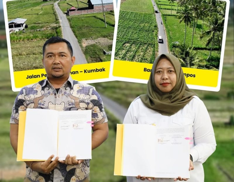 Kepala Cabang PT Mardika Griya Prasta, Putu Surya (kiri) bersama PPK 1.1 Anita Sri Indrawanti, ST., MT. (kanan) menunjukkan dokumen kontrak proyek peningkatan Jalan Pesanggrahan–Kumbak, Lombok Barat. (Foto: Istimewa)