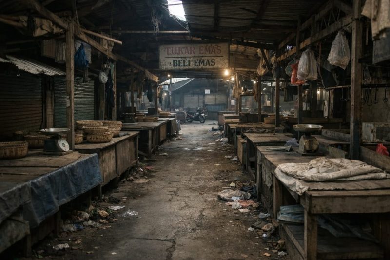 Suasana lengang Pasar Tradisional Kediri, Lombok Barat, dengan lapak-lapak pedagang tampak sepi pengunjung. Para pedagang mengeluhkan penurunan omset drastis sejak Program Makanan Bergizi Gratis (MBG) berjalan, yang disinyalir mengalihkan belanja kebutuhan pangan dari pasar rakyat ke distributor besar. (Foto: Istimewa)