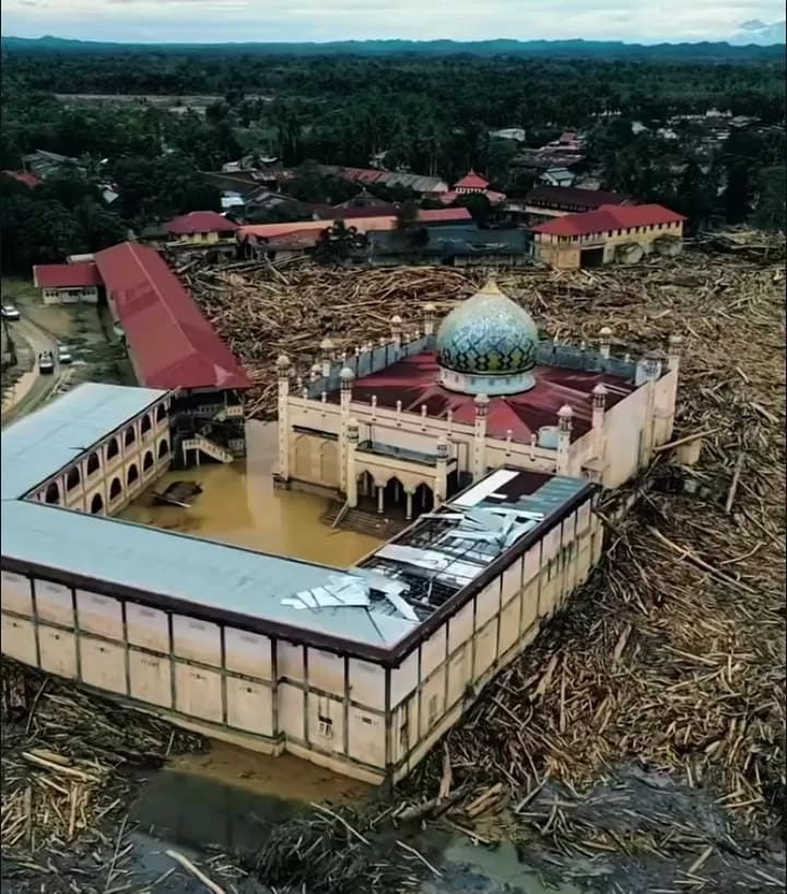 Tumpukan gelondongan kayu tertahan di area Pondok Pesantren Darul Mukhlisin saat banjir bandang melanda Aceh Tamiang. (Foto: Istimewa)