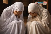 Ilustrasi dua santriwati menutup wajah dengan tangan sebagai simbol trauma dan penderitaan korban dugaan kekerasan seksual di lingkungan pondok pesantren di Lombok Timur.(Foto: Istimewa)