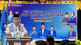 Ketua MPI DPD KNPI NTB, H. Lalu Winengan, menyampaikan sambutan pada Pelantikan dan Rakerda DPD KNPI Provinsi NTB periode 2025–2028 di Hotel Grand Madani, Kota Mataram, Februari 2026.(Foto: Istimewa)