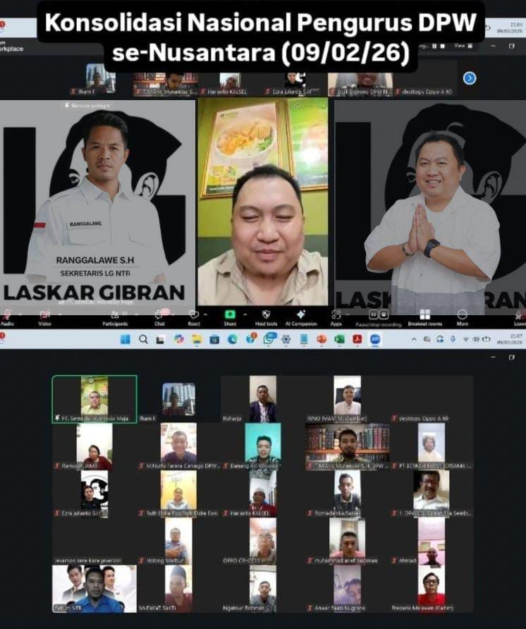 Tangkapan layar konsolidasi nasional daring Laskar Gibran yang diikuti pengurus DPW dari seluruh Indonesia.(Foto: Dok. Taufik Natanagara)