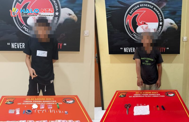 Dua terduga pelaku kasus narkotika diamankan Satresnarkoba Polres Lombok Utara saat gelar perkara di Mapolres setempat, terkait pengungkapan jaringan sabu di Kecamatan Bayan.(Dok.Humas Polda NTB)