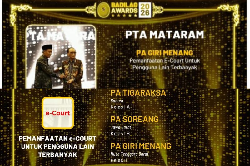 Tampilan penghargaan Badilag Awards 2026 yang menempatkan Pengadilan Agama (PA) Giri Menang sebagai peraih kategori pemanfaatan aplikasi e-Court pengguna lain terbanyak di wilayah Nusa Tenggara Barat.(Foto istimewa)