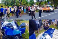 Petugas kepolisian bersama warga berada di lokasi kecelakaan tunggal di Jalan Bypass Mandalika, Desa Labulia, Lombok Tengah, Sabtu (14/3/2026). Personel yang sedang patroli Ops Ketupat Rinjani 2026 langsung mengevakuasi korban ke rumah sakit terdekat.(Foto istimewa)
