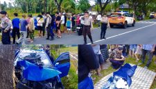 Petugas kepolisian bersama warga berada di lokasi kecelakaan tunggal di Jalan Bypass Mandalika, Desa Labulia, Lombok Tengah, Sabtu (14/3/2026). Personel yang sedang patroli Ops Ketupat Rinjani 2026 langsung mengevakuasi korban ke rumah sakit terdekat.(Foto istimewa)
