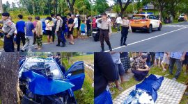 Petugas kepolisian bersama warga berada di lokasi kecelakaan tunggal di Jalan Bypass Mandalika, Desa Labulia, Lombok Tengah, Sabtu (14/3/2026). Personel yang sedang patroli Ops Ketupat Rinjani 2026 langsung mengevakuasi korban ke rumah sakit terdekat.(Foto istimewa)
