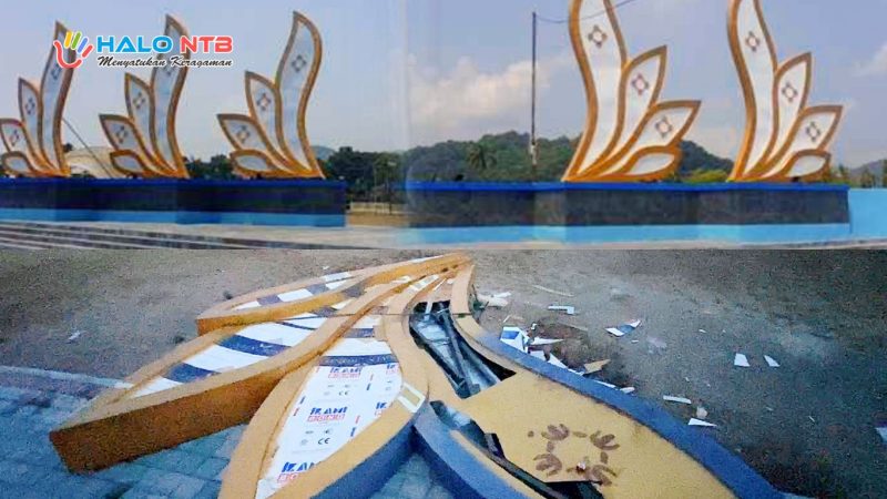 Kondisi ornamen berbentuk daun di kawasan Giri Menang Park Lombok Barat yang menjadi sorotan publik.(Foto istimewa)