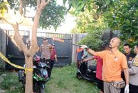 Petugas kepolisian saat melakukan olah TKP di lokasi penemuan jenazah pria yang tergantung di pohon mangga di Banyumulek, Lombok Barat.(Foto: Istimewa)