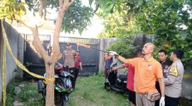 Petugas kepolisian saat melakukan olah TKP di lokasi penemuan jenazah pria yang tergantung di pohon mangga di Banyumulek, Lombok Barat.(Foto: Istimewa)
