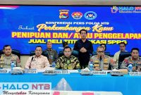 Suasana konferensi pers Badan Gizi Nasional (BGN) dan Polda NTB terkait perkembangan kasus dugaan penipuan praktik jual beli titik lokasi Satuan Pelayanan Pemenuhan Gizi (SPPG) di Markas Polda NTB, Jumat (29/5/2026). (Foto: Istimewa).