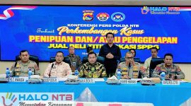 Suasana konferensi pers Badan Gizi Nasional (BGN) dan Polda NTB terkait perkembangan kasus dugaan penipuan praktik jual beli titik lokasi Satuan Pelayanan Pemenuhan Gizi (SPPG) di Markas Polda NTB, Jumat (29/5/2026). (Foto: Istimewa).