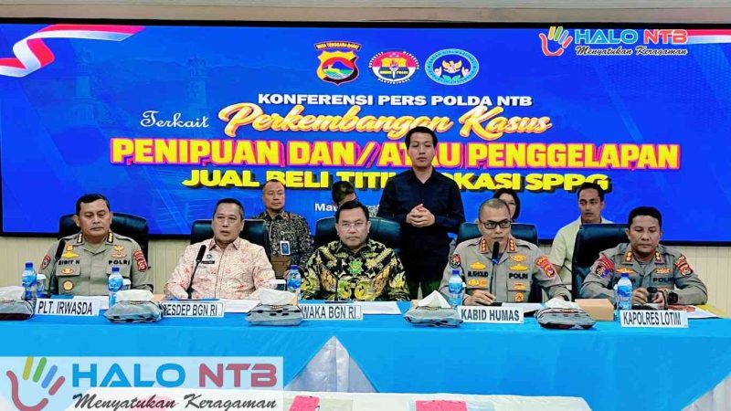 Suasana konferensi pers Badan Gizi Nasional (BGN) dan Polda NTB terkait perkembangan kasus dugaan penipuan praktik jual beli titik lokasi Satuan Pelayanan Pemenuhan Gizi (SPPG) di Markas Polda NTB, Jumat (29/5/2026). (Foto: Istimewa).
