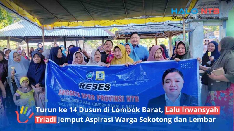 Anggota DPRD Provinsi NTB, Lalu Irwansyah Triadi (tengah baju biru), berfoto bersama warga saat pelaksanaan reses Masa Sidang Tahun 2025/2026 di Dusun Telage Lindung, Desa Eyat Mayang, Lembar, Kamis (11/6/2026). (Foto: Istimewa)