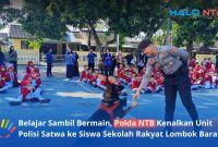 Momen hangat saat personel Polda NTB mengenalkan satwa andalan anjing K9 kepada siswa-siswi Sekolah Rakyat Dasar di Lapangan Bhara Daksa, Kamis (11/6/2026). (Foto: Istimewa)