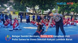 Momen hangat saat personel Polda NTB mengenalkan satwa andalan anjing K9 kepada siswa-siswi Sekolah Rakyat Dasar di Lapangan Bhara Daksa, Kamis (11/6/2026). (Foto: Istimewa)