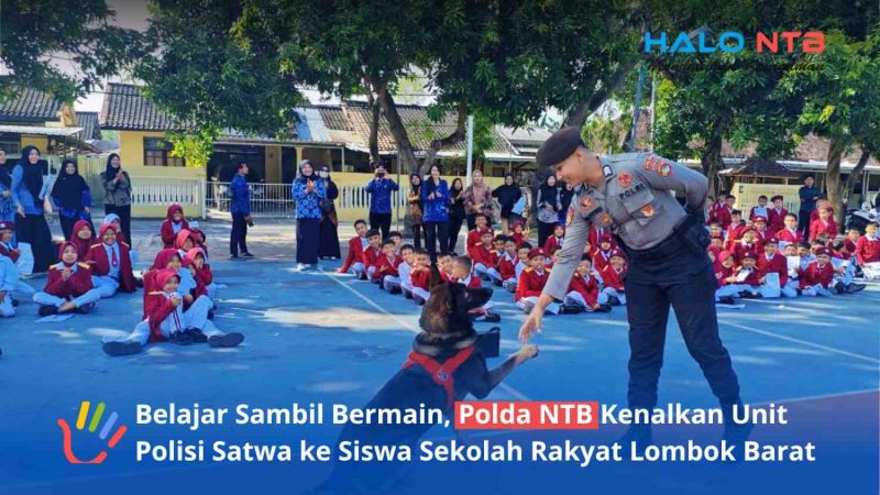 Momen hangat saat personel Polda NTB mengenalkan satwa andalan anjing K9 kepada siswa-siswi Sekolah Rakyat Dasar di Lapangan Bhara Daksa, Kamis (11/6/2026). (Foto: Istimewa)