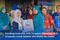 Ketua Tim Penggerak PKK Provinsi NTB, Sinta M. Iqbal secara simbolis menunjukkan dukungan saat peluncuran uji coba program riset 'Koneksi AI in Healthcare' di Posyandu Cempaka 2, Dusun Tempit, Desa Mekarsari, Narmada, Lombok Barat, Kamis (11/6).(Foto: Diskominfotik NTB)