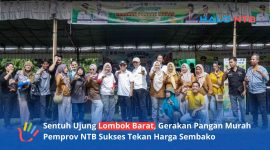 Momen foto bersama tim pelaksana di sela-sela kegiatan Gerakan Pangan Murah (GPM) yang digelar di Halaman Hutan Nuraksa Kumbi, Desa Pakuan, Narmada, Sabtu (20/6/2026).(Foto: Istimewa)