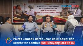 Kapolres Lombok Barat, AKBP Yasmara Harahap (kanan) berpartisipasi langsung dalam kegiatan donor darah di Aula Patria Tama Polres Lombok Barat, Selasa (23/6/2026).(Foto: Istimewa).