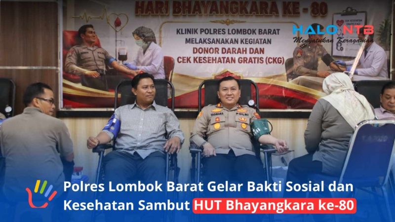 Kapolres Lombok Barat, AKBP Yasmara Harahap (kanan) berpartisipasi langsung dalam kegiatan donor darah di Aula Patria Tama Polres Lombok Barat, Selasa (23/6/2026).(Foto: Istimewa).