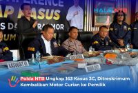 Direktorat Reserse Kriminal Umum Polda NTB menggelar konferensi pers pengungkapan kasus 3C (Curat, Curas, dan Curanmor) periode 21 Mei hingga 27 Juni 2026 di Tribun Bhara Daksa, Senin (29/6/2026).(Foto: Istimewa).