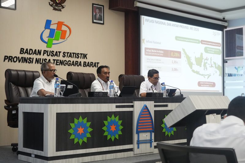 Kepala BPS Provinsi NTB, Dr. Drs. Wahyudin, M.M. (tengah), saat menyampaikan Berita Resmi Statistik (BRS) di Aula Tambora BPS NTB, Mataram, Selasa (2/6/2026). (Foto: Istimewa).