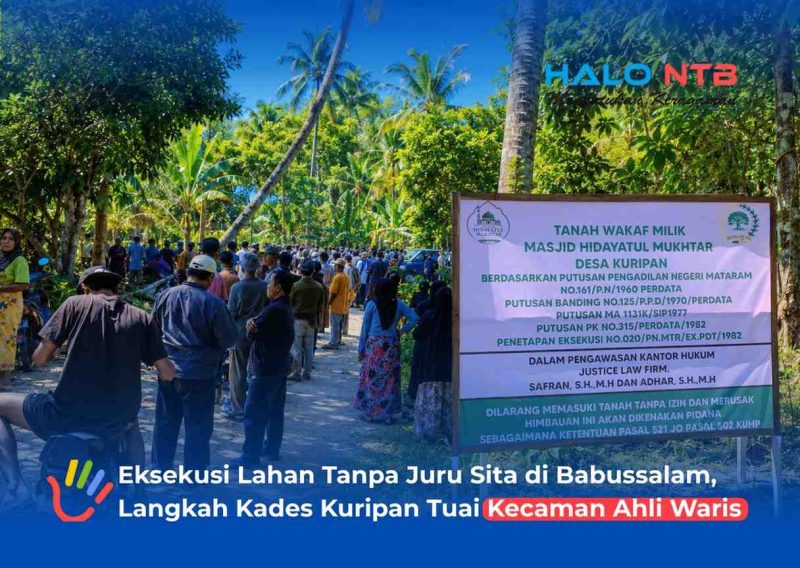Warga Desa Kuripan mendatangi dan memasang plang lokasi lahan yang diklaim sebagai tanah wakaf Masjid Hidayatul Mukhtar di Desa Babussalam, Gerung, Kamis (9/7/2026).