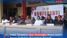 Suasana konferensi pers Polda NTB dan Polres Lombok Tengah dalam menetapkan pimpinan Ponpes berinisial AMR serta seorang santri berinisial MR sebagai tersangka dalam kasus kebakaran yang menewaskan seorang santri yang di gelar di Mapolres Loteng, Kamis (9/7).