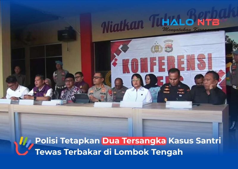Suasana konferensi pers Polda NTB dan Polres Lombok Tengah dalam menetapkan pimpinan Ponpes berinisial AMR serta seorang santri berinisial MR sebagai tersangka dalam kasus kebakaran yang menewaskan seorang santri yang di gelar di Mapolres Loteng, Kamis (9/7).