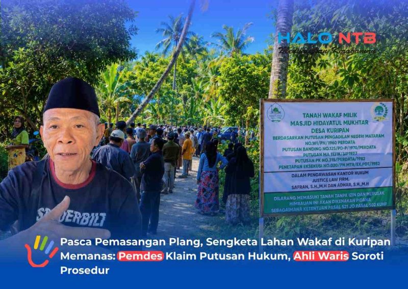 Warga Desa Kuripan mendatangi dan memasang plang di lahan sengketa di Dusun Monto. Dalam foto, terlihat Kades Kuripan, Hasbi (kiri), memberikan penjelasan mengenai klaim lahan tersebut sebagai tanah wakaf Masjid Hidayatul Mukhtar.
