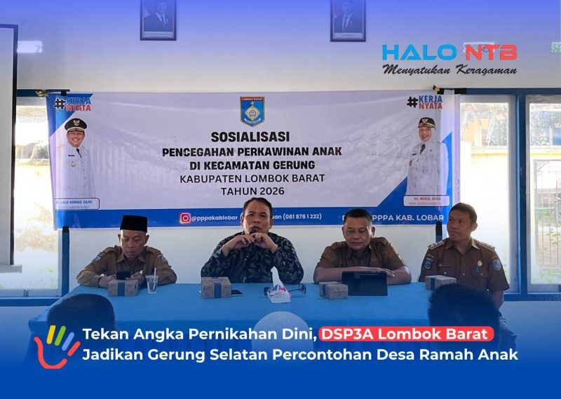 Kolaborasi lintas sektor dalam menekan angka pernikahan dini. (Kiri ke kanan) Kabid PPA H. Lalu Wira Kencana, Anggota DPRD Munawir Haris, Kadis DSP3A Arief Suryawirawan, dan Lurah Gerung Selatan Akhwan Mashudi memimpin jalannya sosialisasi DRPPA di Kecamatan Gerung, Selasa (14/7/2026).