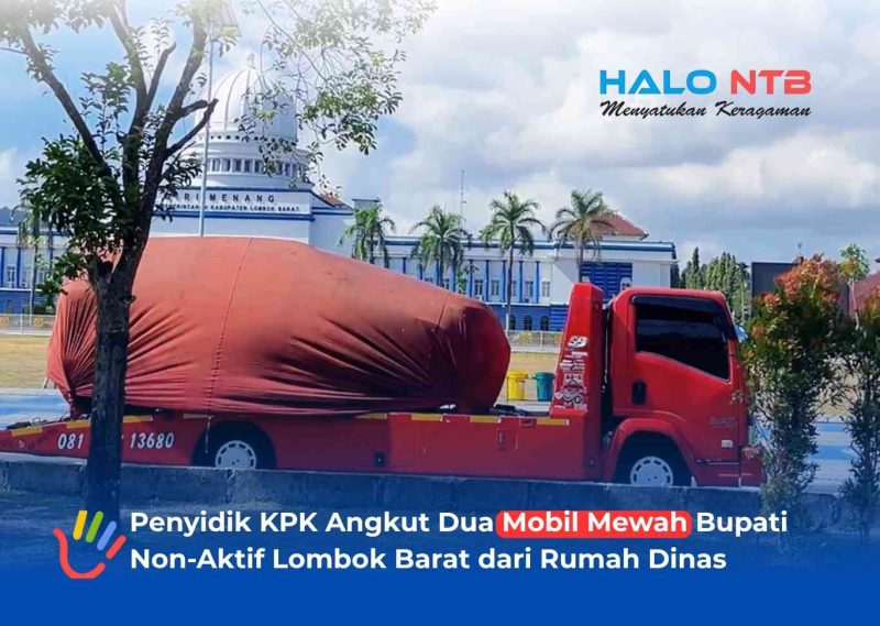 Penampakan mobil pribadi Bupati Lombok Barat nonaktif yang ditutup penutup khusus saat diangkut menggunakan truk towing menuju KPK di Rumah Dinas , Selasa (28/7/2026).(Foto: Istimewa)
