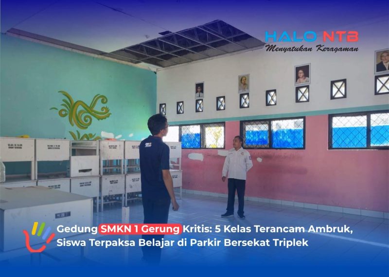 Kondisi memprihatinkan di dalam salah satu ruang kelas SMKN 1 Gerung yang mengalami kerusakan berat, di mana plafon terlihat jebol dan rangka atap terlihat jelas dari dalam ruangan.(Foto: Istimewa)