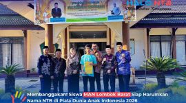 Momen pelepasan Lutfan Ahsanuttafkier menuju Piala Dunia Anak Indonesia 2026 oleh pihak Madrasah dan perwakilan Kementerian Agama Kabupaten Lombok Barat di MAN Lombok Barat, Rabu (1/7/2026).(Foto: Istimewa)