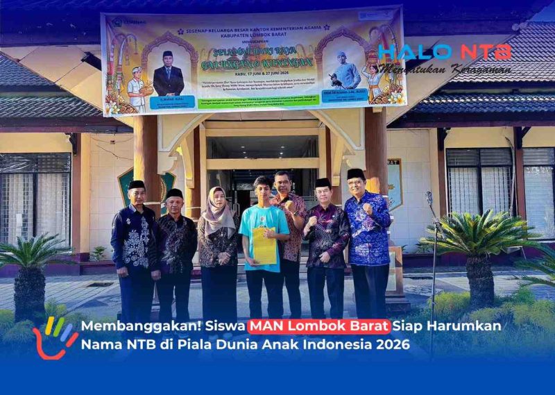 Momen pelepasan Lutfan Ahsanuttafkier menuju Piala Dunia Anak Indonesia 2026 oleh pihak Madrasah dan perwakilan Kementerian Agama Kabupaten Lombok Barat di MAN Lombok Barat, Rabu (1/7/2026).(Foto: Istimewa)