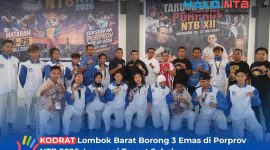 Foto bersama tim Tarung Derajat KODRAT  Lombok Barat bersama peraih medali, pelatih, pengurus, dan dewan juri  di GOR Turide.(Foto: Istimewa)
