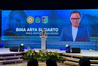 Wakil Menteri Dalam Negeri (Wamendagri), Bima Arya Sugiarto, saat memberikan sambutan dalam pembukaan Rapat Kerja dan Munaslub APPSI Tahun 2026 yang berlangsung di Hotel Aruna Senggigi, Lombok Barat, Kamis (16/7).(Foto: Istimewa)