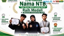 Tiga siswa MAN Lombok Barat, Dimas Andhika Mustafa, Rizkiya Putri, dan Taufik Muhammad Firdaus Bawazir, menunjukkan medali dan sertifikat penghargaan yang diraih dalam Kejuaraan Pencak Silat Masmirah Championship 2026 di GOR Tastura, Praya, Lombok Tengah.(Foto: Istimewa)