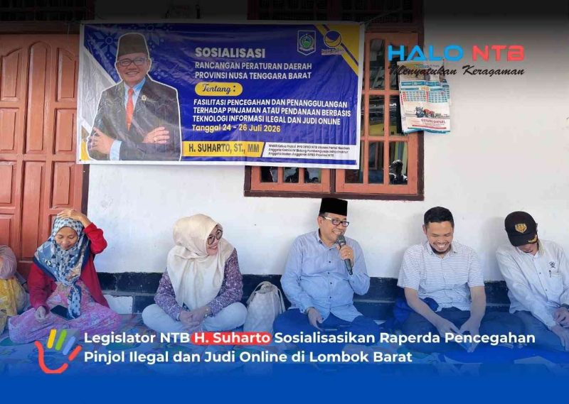 Anggota DPRD NTB H. Suharto (tengah) saat menyampaikan materi sosialisasi penting terkait bahaya pinjaman online ilegal dan judi online di Dasan Geres Tengah, Gerung (25/7/2026).(Foto: Istimewa)