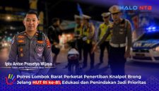 Kasat Lantas Polres Lombok Barat, IPTU Anton Prasetya W., pimpin langsung penertiban knalpot brong jelang HUT ke-81 RI di Senggigi.(Foto: Halo NTB)